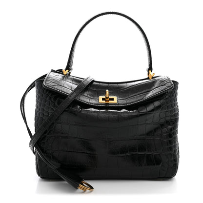 Balenciaga Shiny Calfskin Crocodile Embossed Mini Rodeo Top Handle Handbag Black 1 of 9