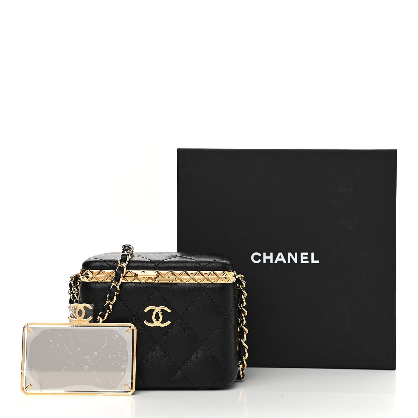 Metal Lambskin Quilted Small Vanity With Chain Black
