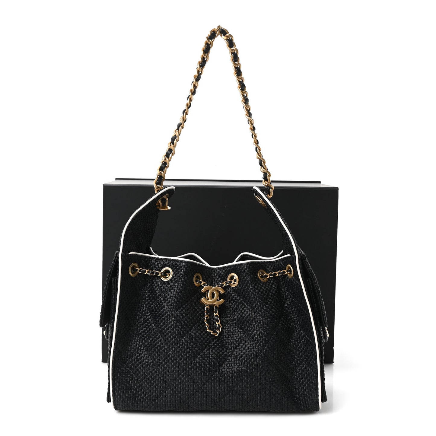 Braided Raffia Calfskin Quilted Small Chanel 25 Handbag Black White