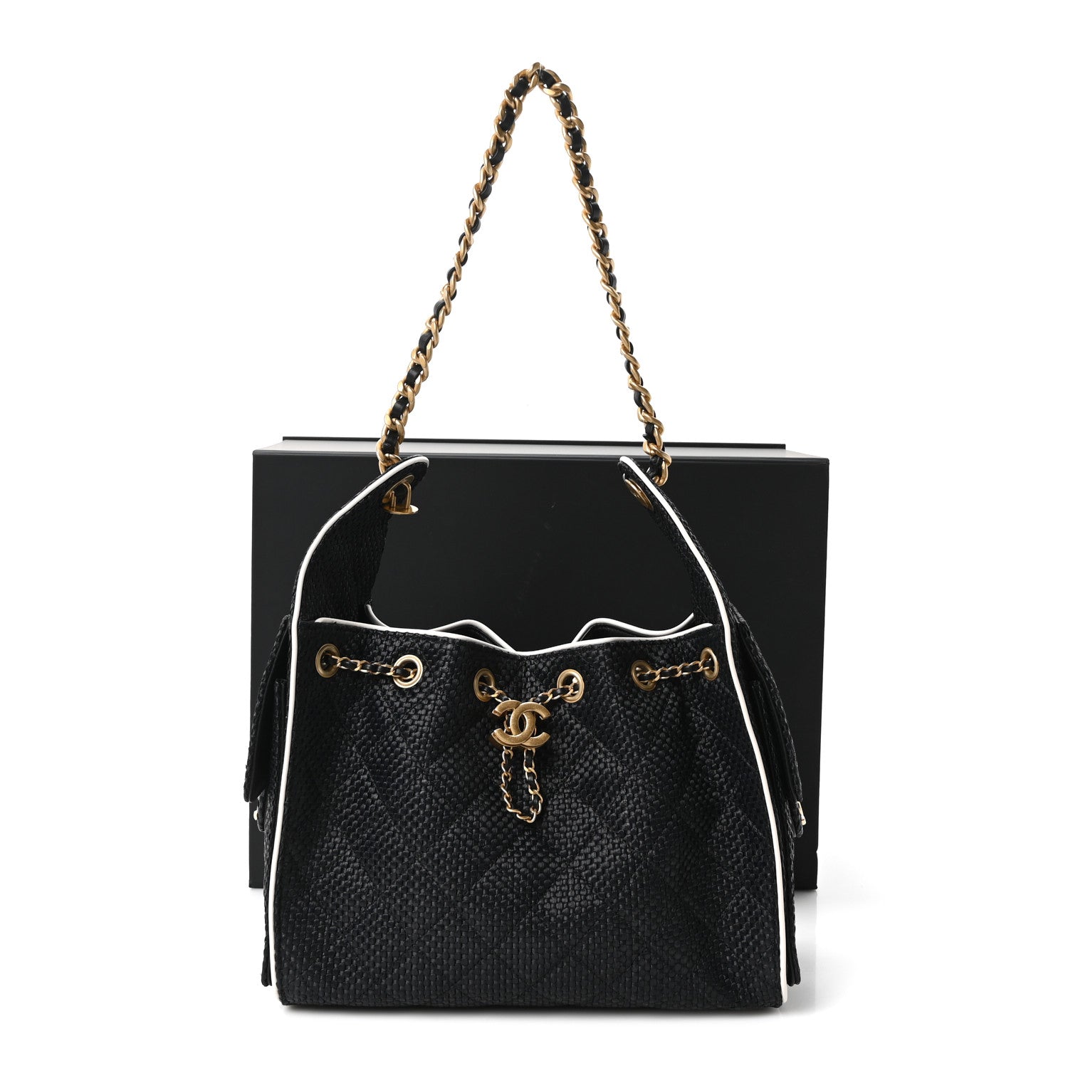 Chanel Braided Raffia Calfskin Quilted Small Chanel 25 Handbag Black White 11 of 11