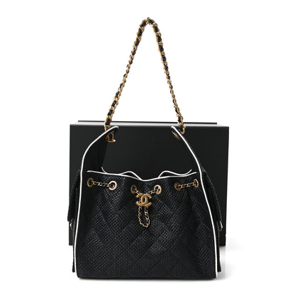 Chanel Braided Raffia Calfskin Quilted Small Chanel 25 Handbag Black White 11 of 11