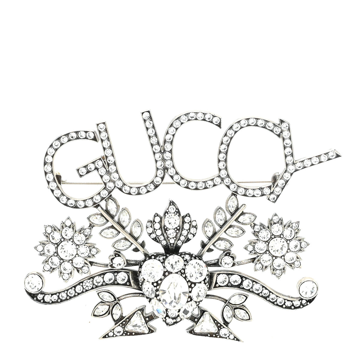Metal Crystal Guccy Brooch Aged Silver