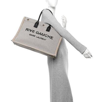 Saint Laurent Embroidered Cotton Linen Rive Gauche Noe Tote Natural Black 2 of 14