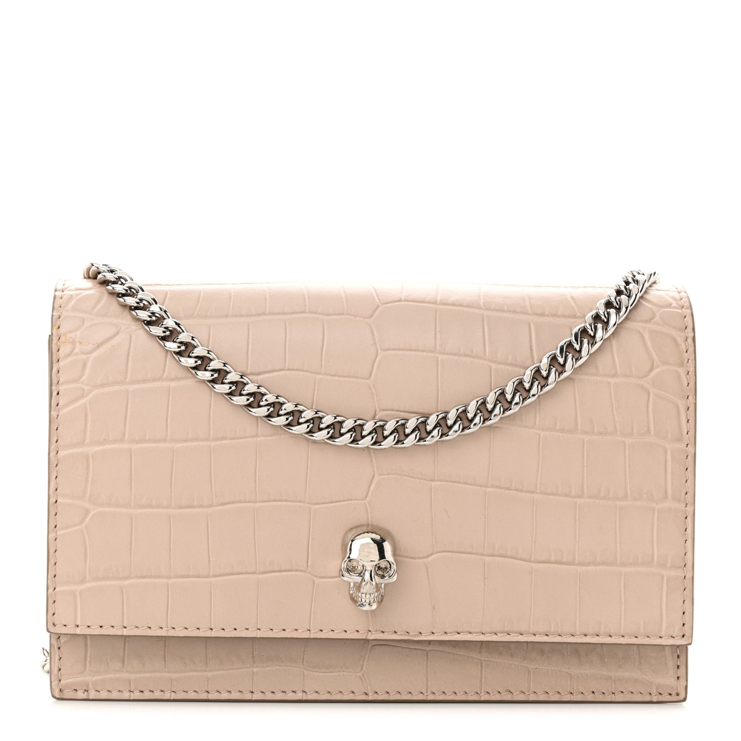 Calfskin Crocodile Embossed Skull Mini Crossbody Bag Beige