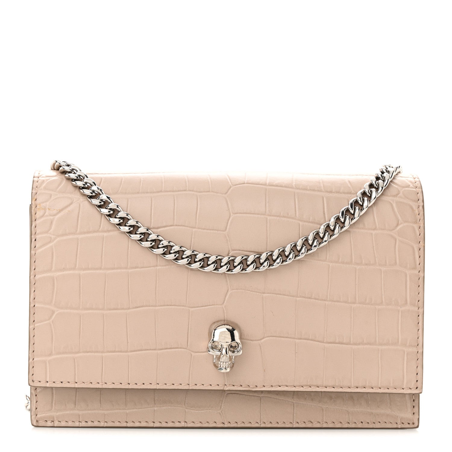 Alexander McQueen Calfskin Crocodile Embossed Skull Mini Crossbody Bag Beige 1 of 11