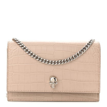 Alexander McQueen Calfskin Crocodile Embossed Skull Mini Crossbody Bag Beige 1 of 11
