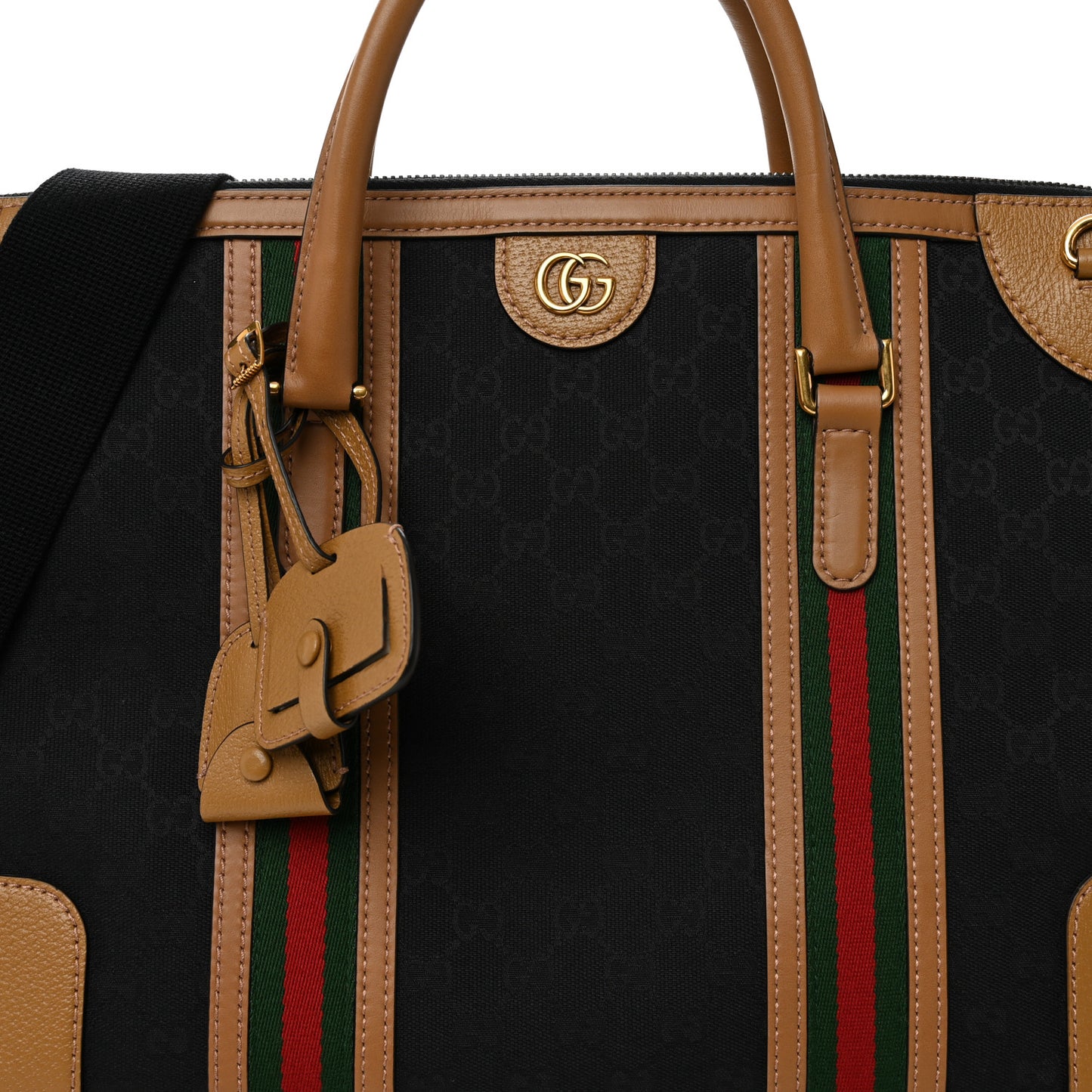 Monogram Textured Dollar Calfskin Web Large Bauletto Duffle Top Handle Bag Black Koi Beige