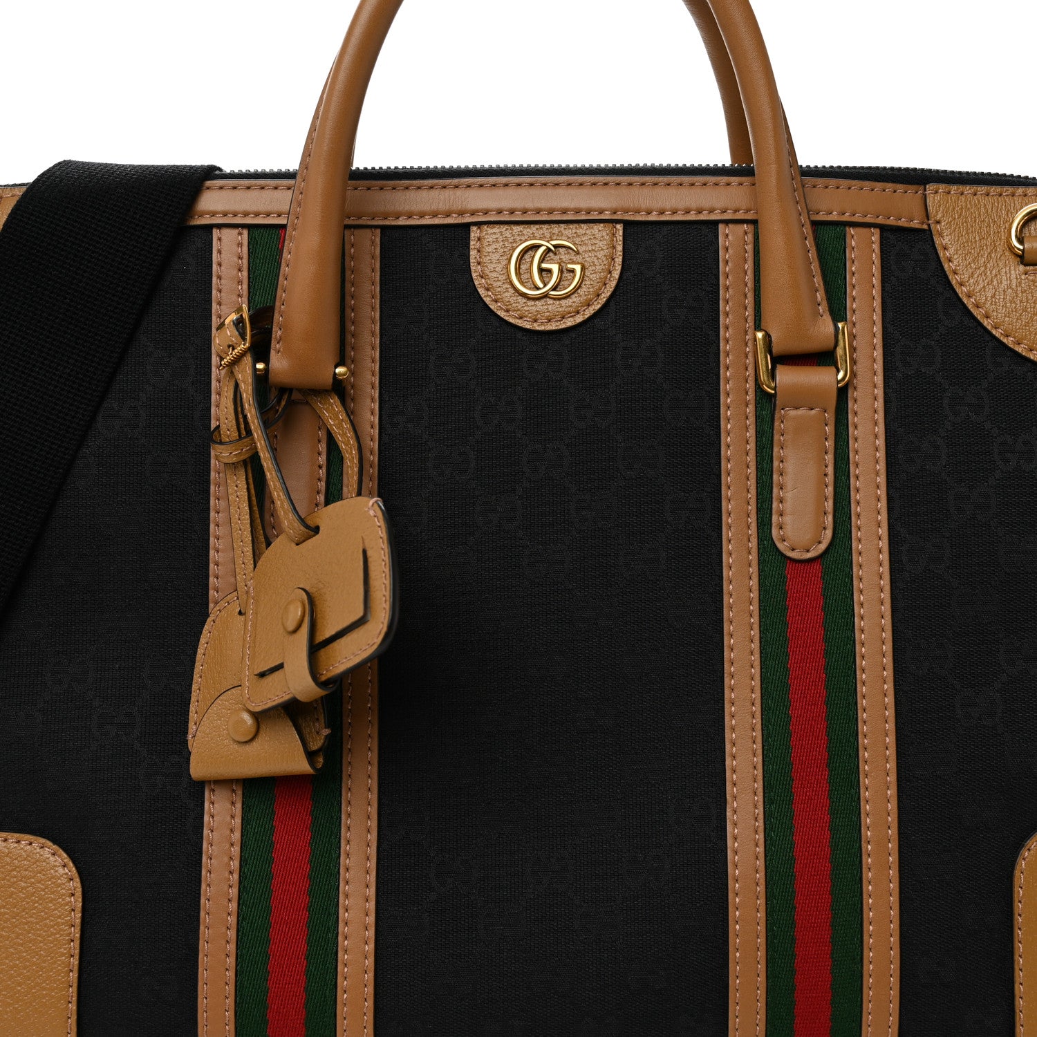Gucci Monogram Textured Dollar Calfskin Web Large Bauletto Duffle Top Handle Bag Black Koi Beige 9 of 11