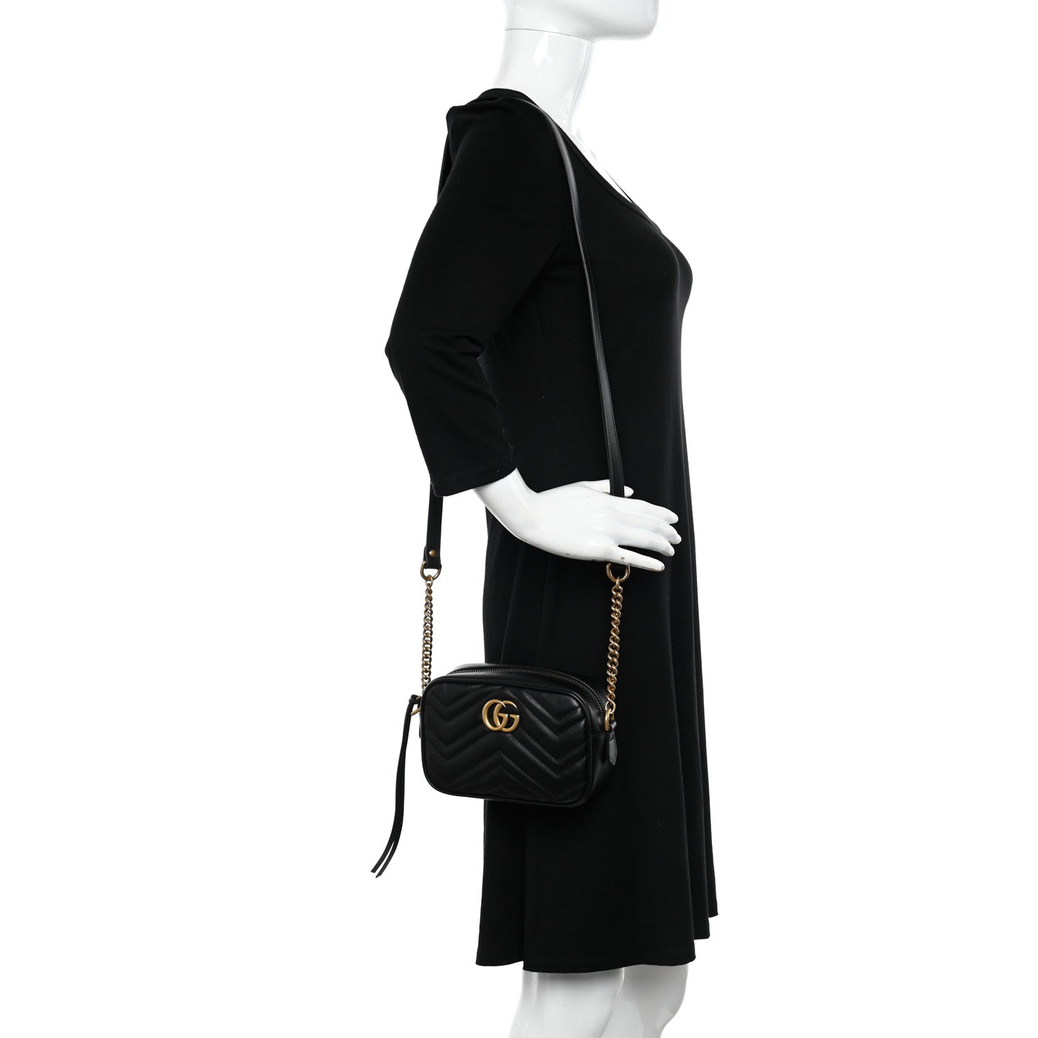 Gucci Calfskin Matelasse Mini GG Marmont Chain Shoulder Bag Black 2 of 10