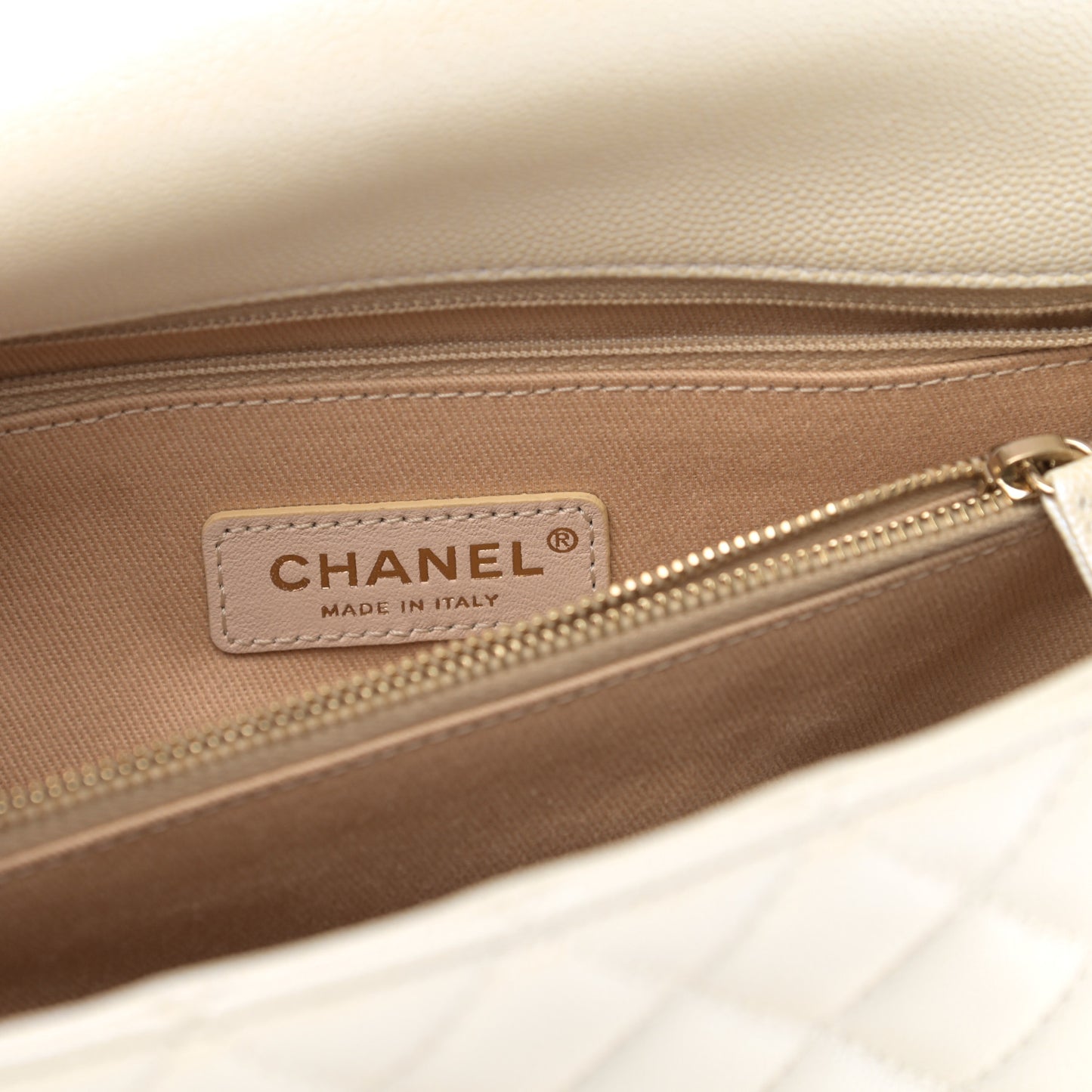 Iridescent Caviar Quilted Small Coco Handle Flap White