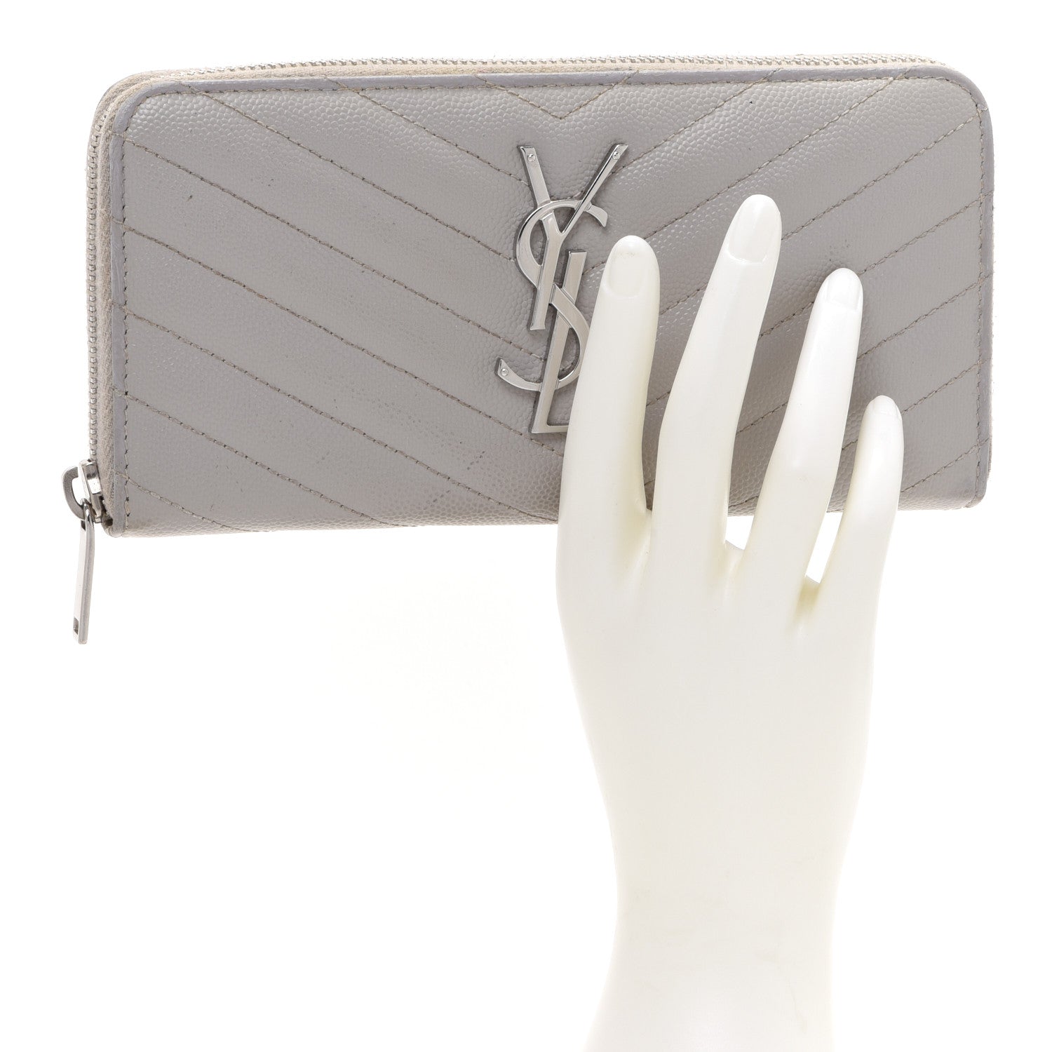 Saint Laurent Grain De Poudre Matelasse Chevron Monogram Zip Around Wallet Granite 2 of 10