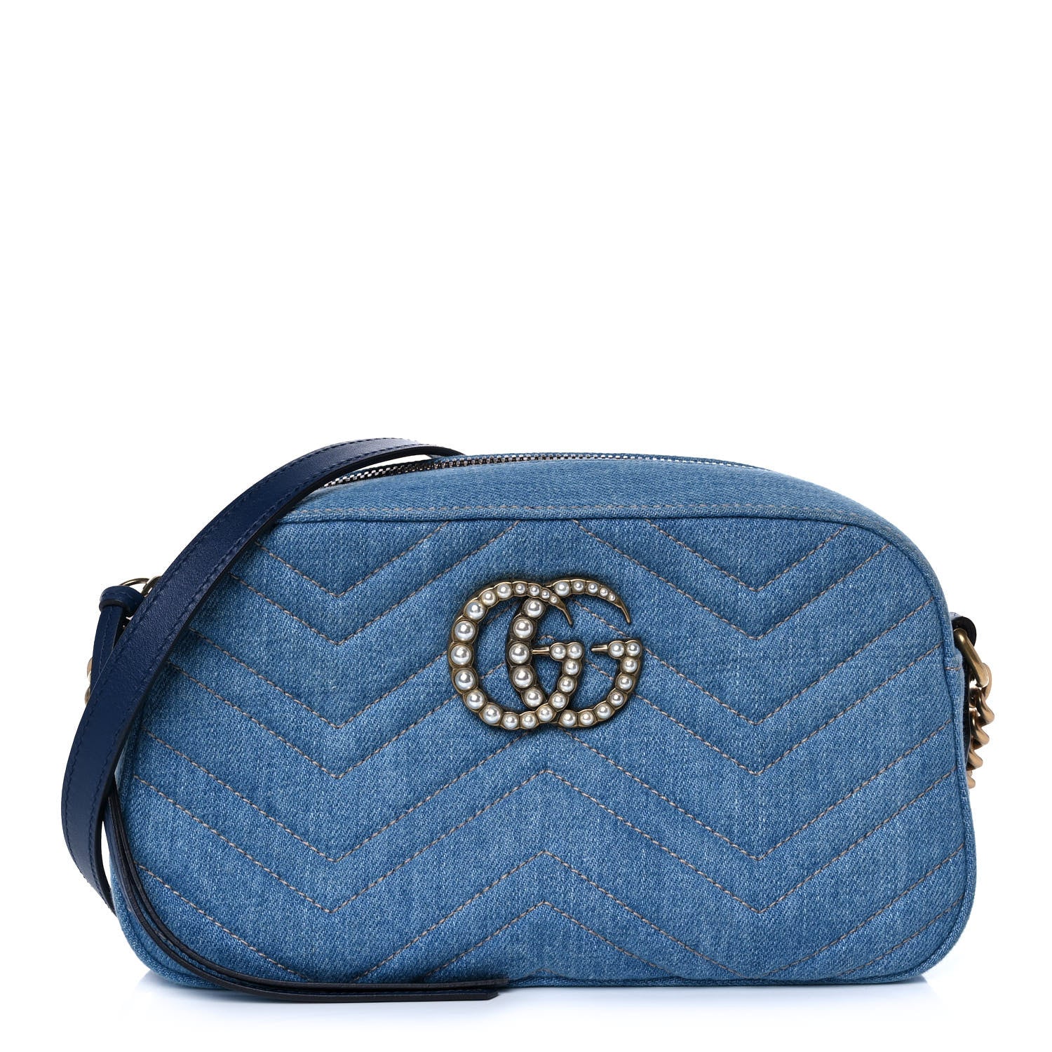 Gucci Denim Matelasse Small Pearly GG Marmont Chain Shoulder Bag Blue 1 of 12