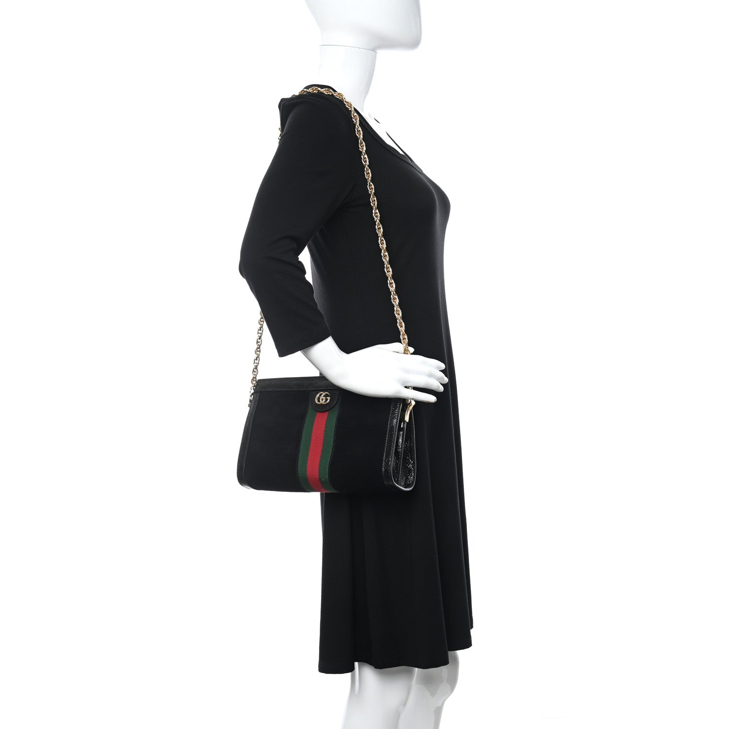 Gucci Suede Patent GG Web Small Ophidia Chain Shoulder Bag Black 2 of 11