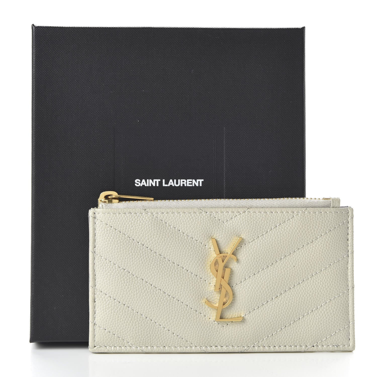 Saint Laurent Grain De Poudre Matelasse Chevron Monogram Fragments Zippered Card Case White 8 of 8