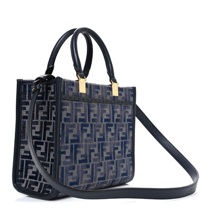 Fendi Fabric Jacquard FF 1974 Logo Small Fendi Sunshine Shopper Tote Blue Grigio 3 of 10