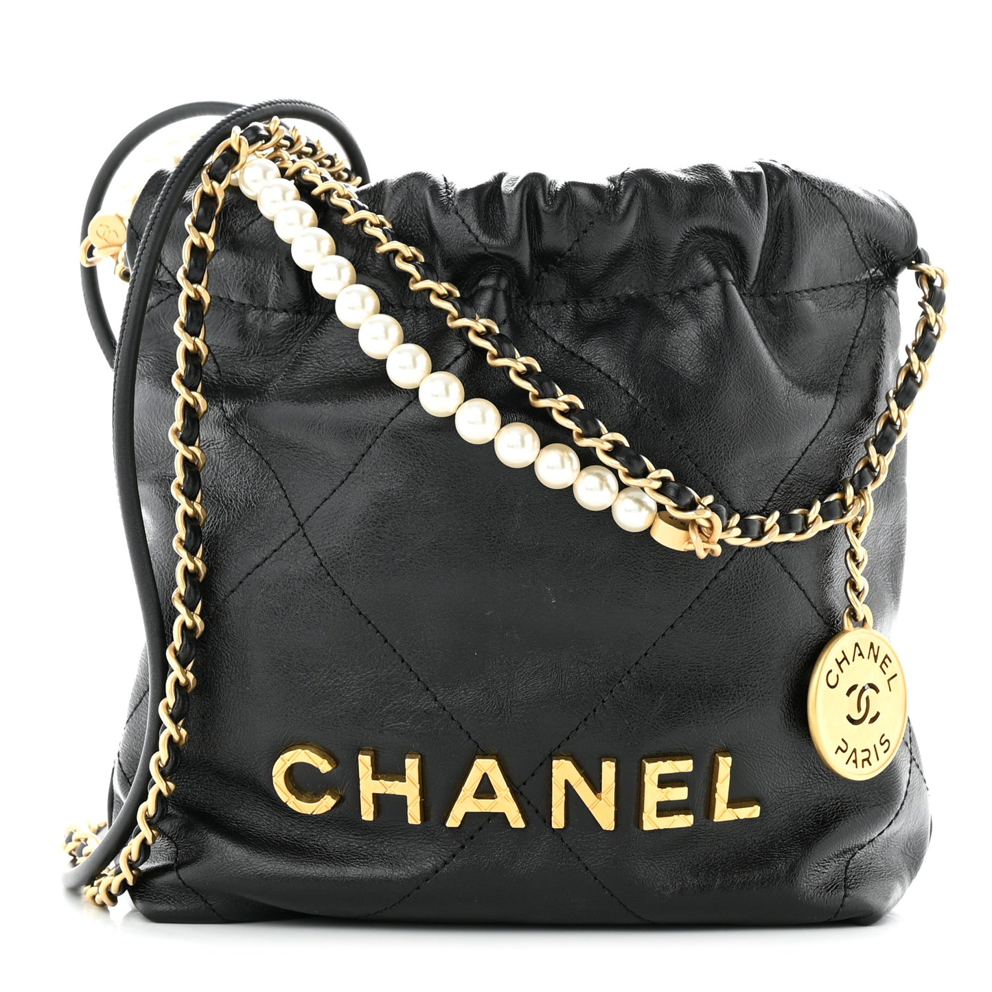 Shiny Crumpled Calfskin Quilted Pearl Mini Chanel 22 Black