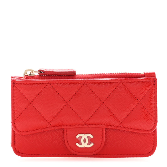 Caviar Quilted Flap Zip Card Holder Red