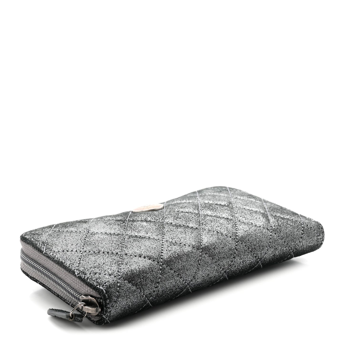 Iridescent Calfskin Quilted Tartan Button Zip Around Wallet Grey