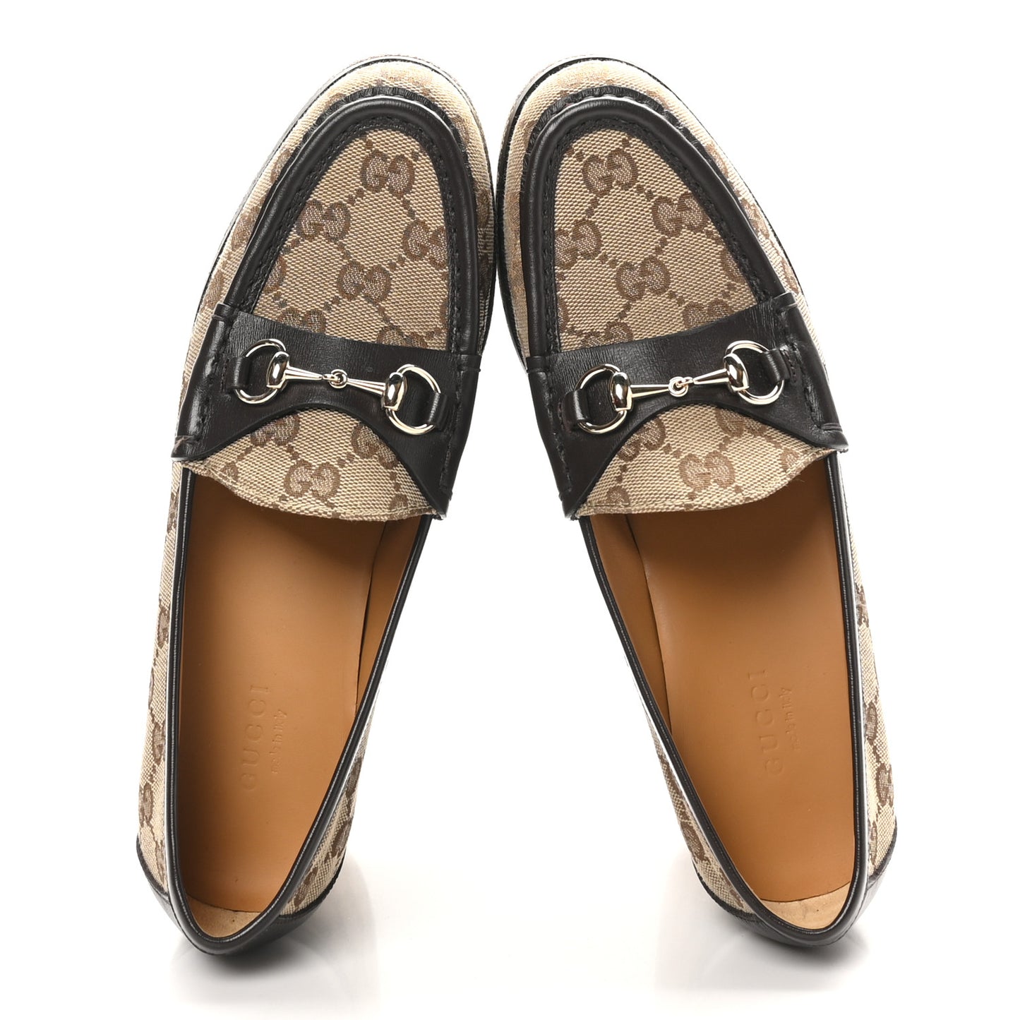 Canvas GG Monogram Horsebit Calfskin Womens Horsebit Platform Loafers 37.5 Beige Ebony