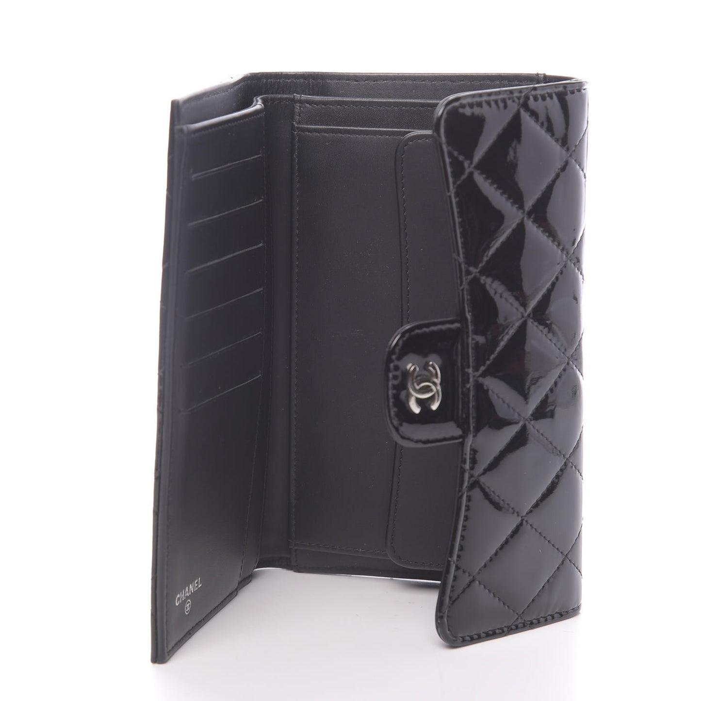 Patent Quilted Large Flap Wallet Black