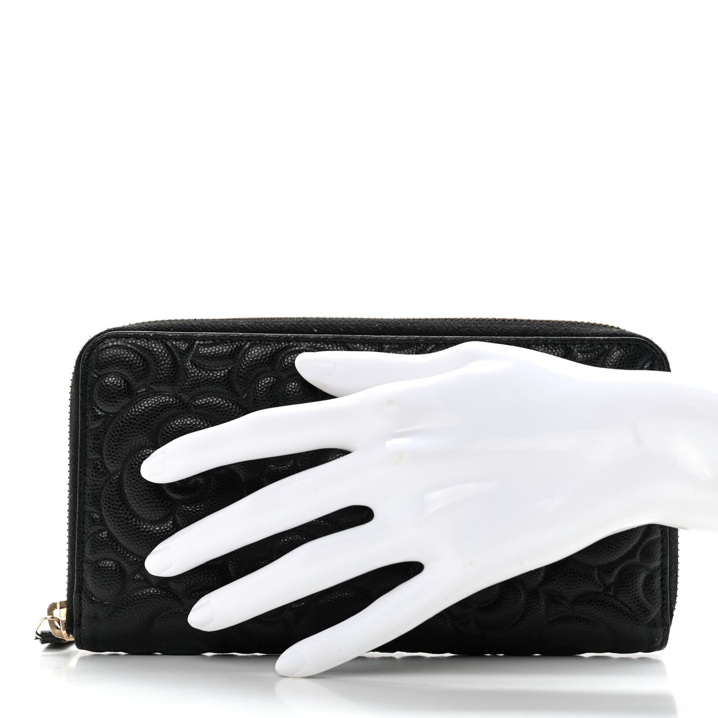 Caviar Camellia Embossed Large Zip Around Gusset Wallet Black