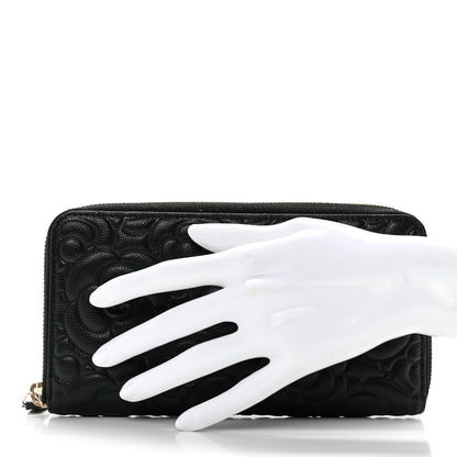 Chanel Caviar Camellia Embossed Large Zip Around Gusset Wallet Black 2 of 13
