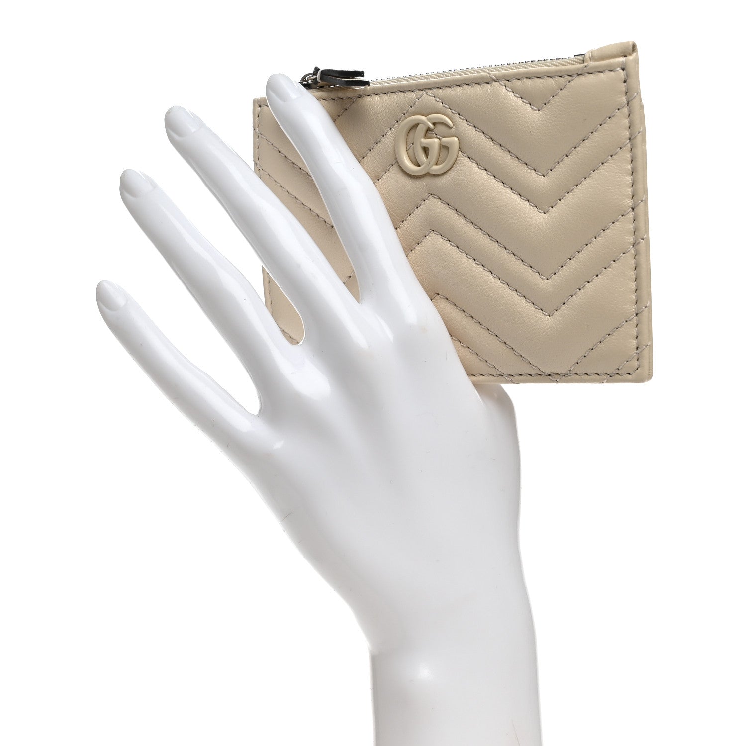 Gucci Lambskin Matelasse Monochrome GG Marmont Zip Key Pouch New Ivoire 2 of 7