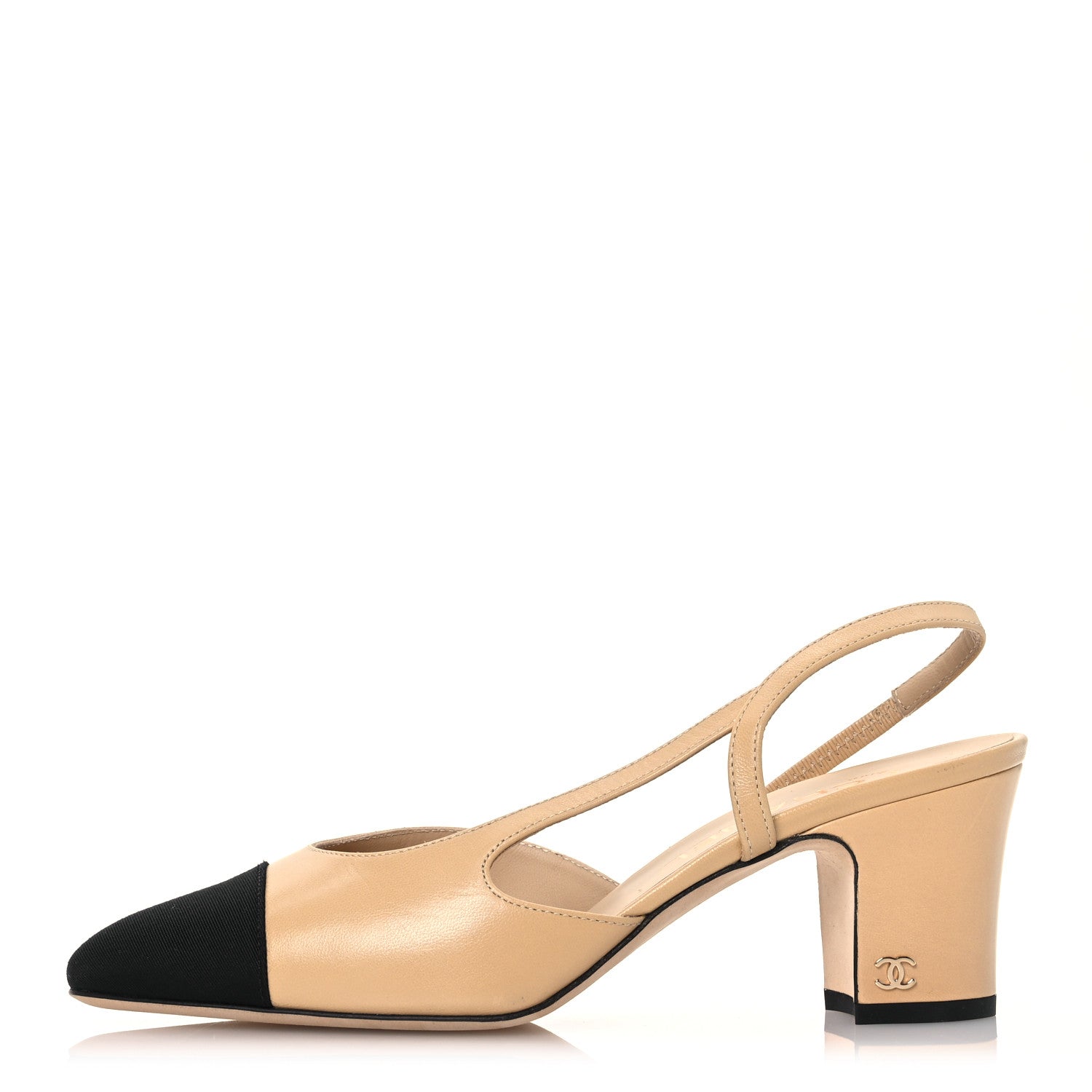 Chanel Goatskin Grosgrain Cap Toe CC Slingback Pumps 37.5 Beige Black 1 of 9
