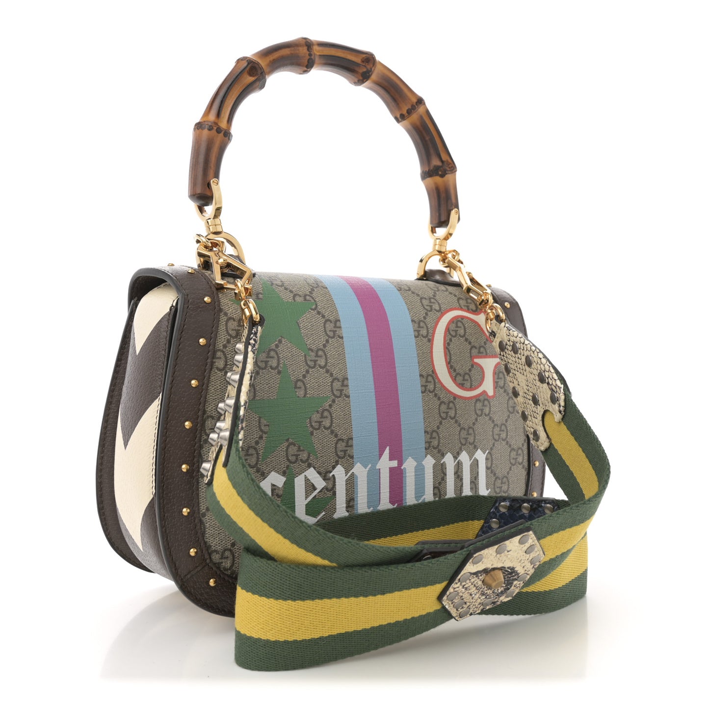 GG Supreme Monogram Studded Calfskin Centum Medium Bamboo 1947 Top Handle Bag Beige Ebony Multicolor