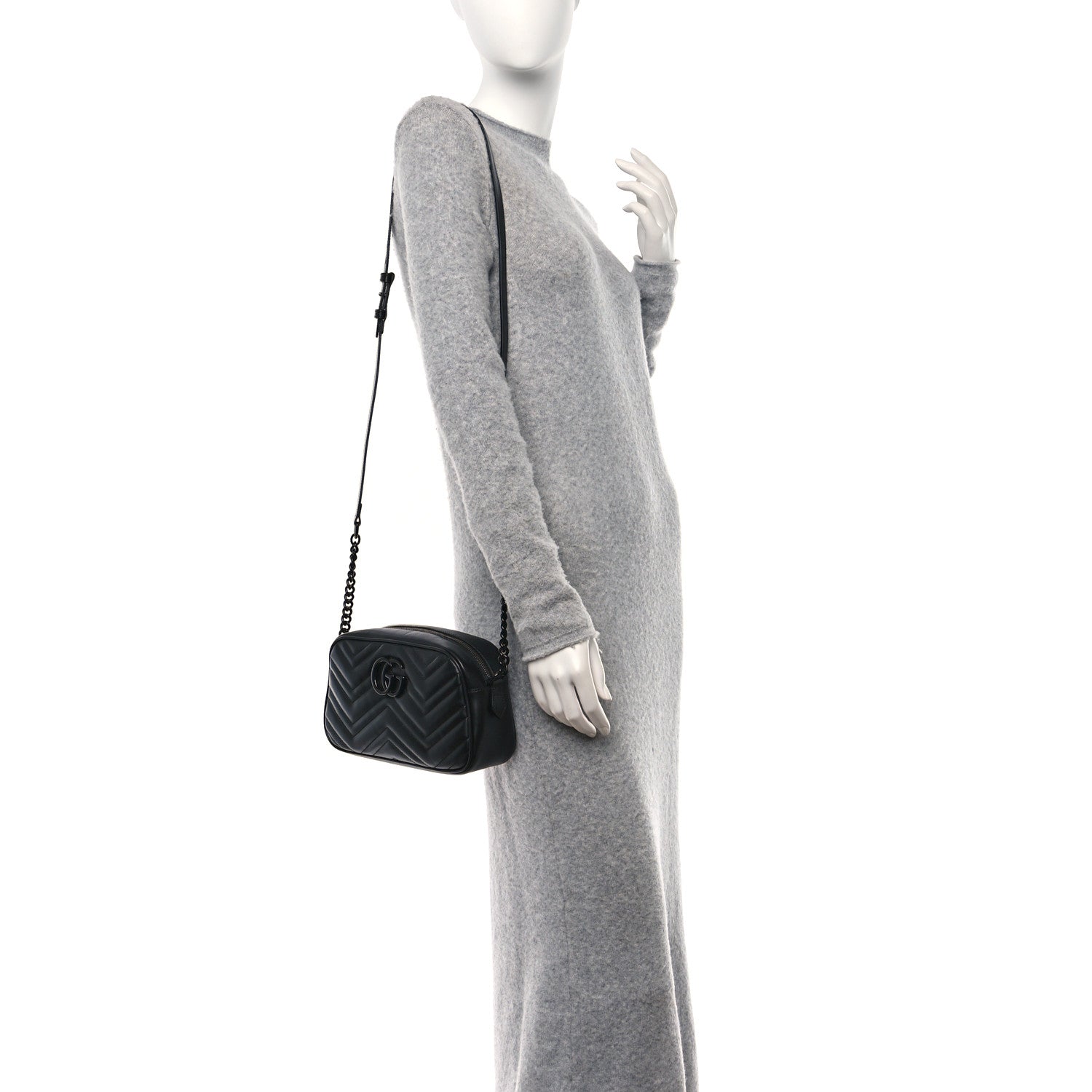 Gucci Calfskin Matelasse Monochrome Small GG Marmont Chain Shoulder Bag Black 2 of 9
