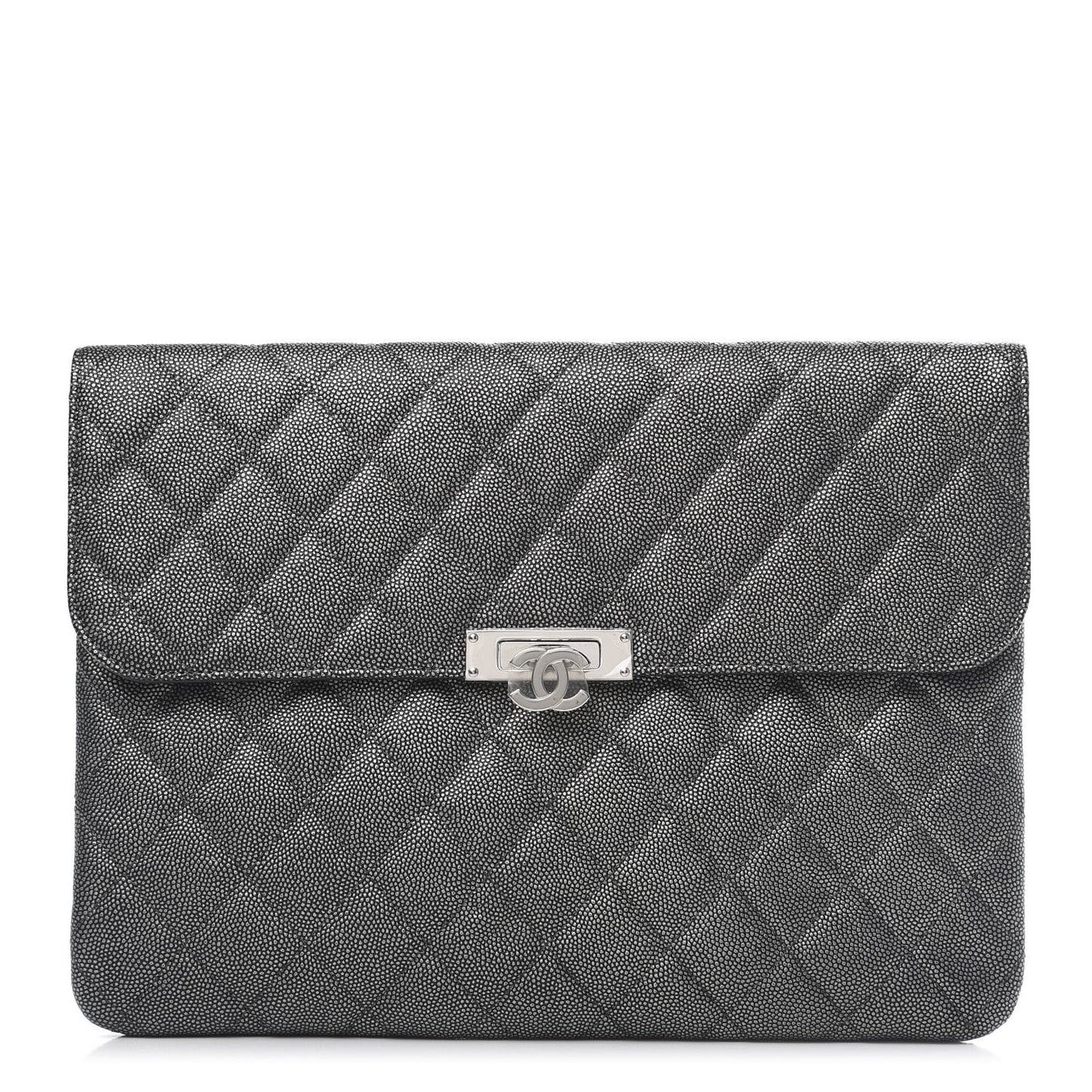 Metallic Caviar Quilted Medium Golden Class Pouch Dark Grey