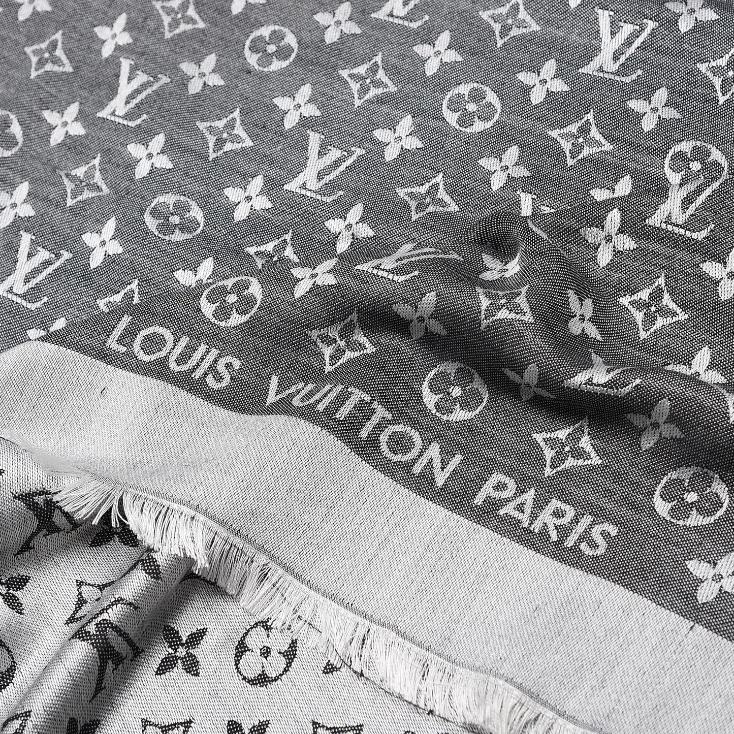 Wool Silk Monogram Denim Shawl Black