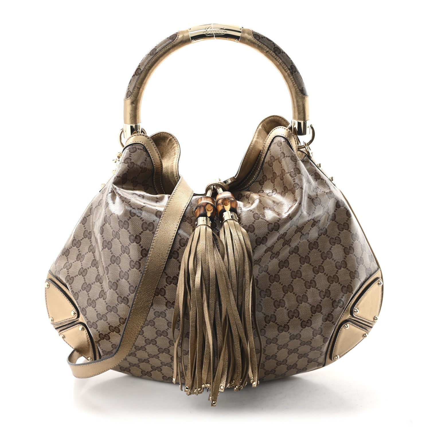 Gucci Crystal Monogram Metallic Calfskin Large Indy Top Handle Bag Beige Ebony Gold 1 of 10