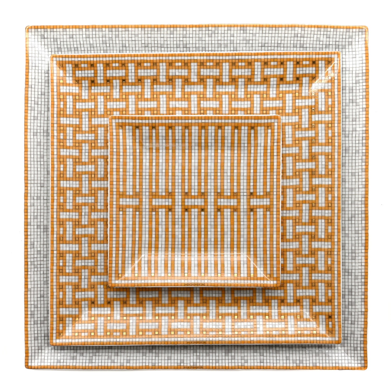 Hermes Porcelain Mosaique Au 24 Set of 5 Square Plates Gold 2 of 12