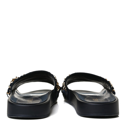 Chanel Satin Canvas Chain Slides Sandals Flats 40 Marine 6 of 13