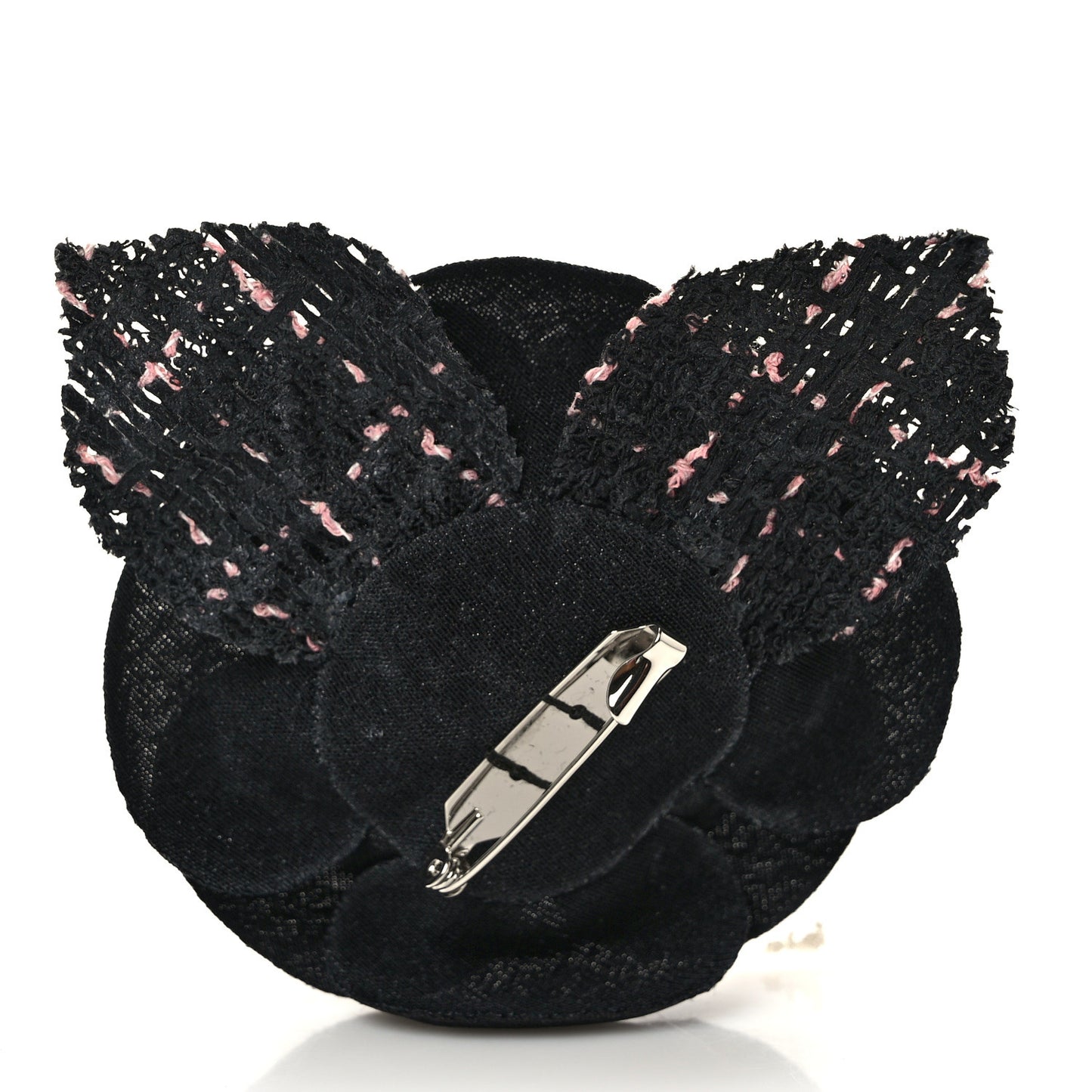 Tweed Camellia Pin Brooch Black Pink
