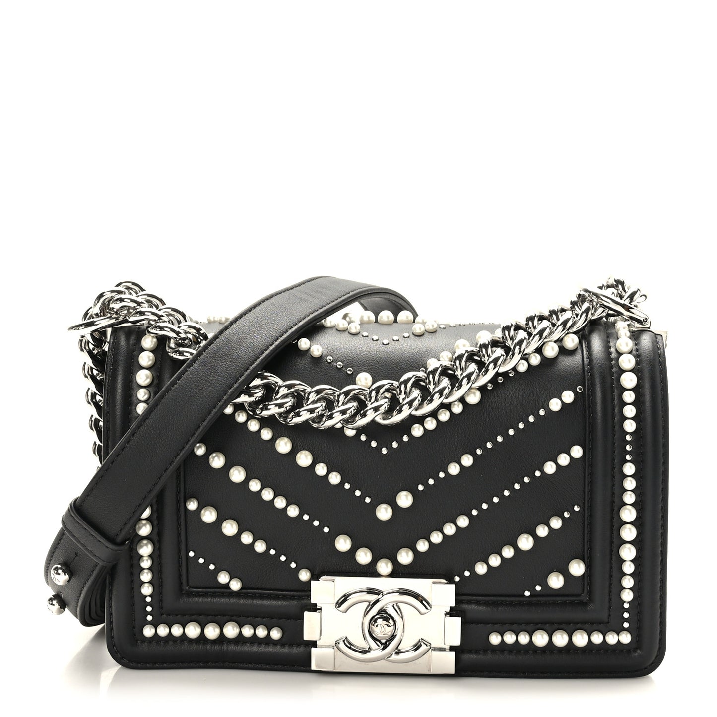 Calfskin Pearl Chevron Small Boy Flap Black