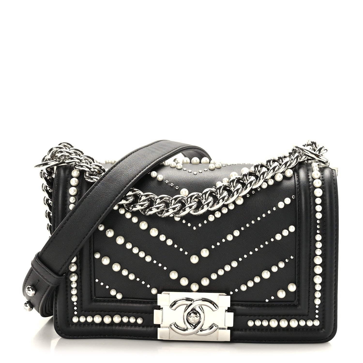 Chanel Calfskin Pearl Chevron Small Boy Flap Black 1 of 9