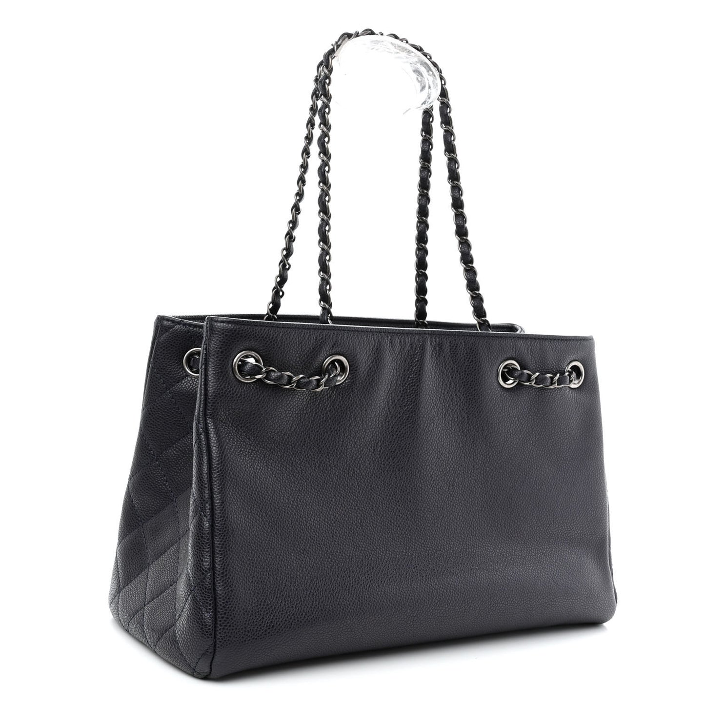Metallic Grained Calfskin Woven Chain Medium Shopping Tote Dark Navy
