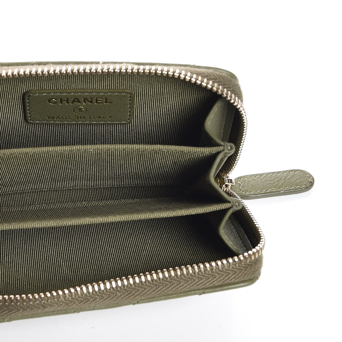 Calfskin Chevron Quilted Zip Around Coin Purse Green