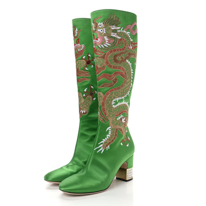 Gucci Silk Satin Malaga Kid Embroidered Candy Dragon Block-Heel Knee Boot 39 Palm 3 of 12