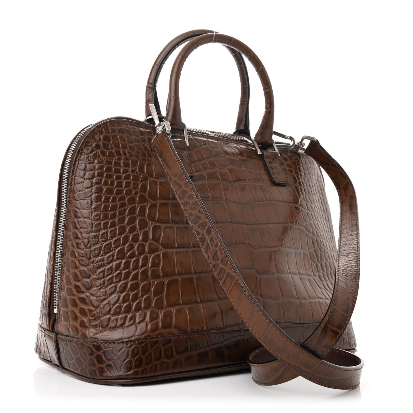 Crocodile Embossed Calfskin Large Bowler Bag Brown
