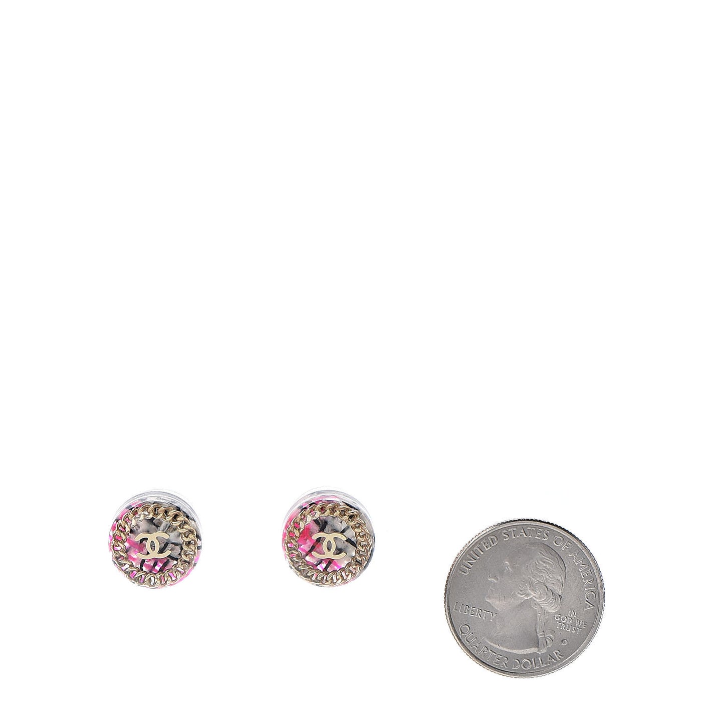 Resin Tweed Chain CC Round Earrings Gold Pink