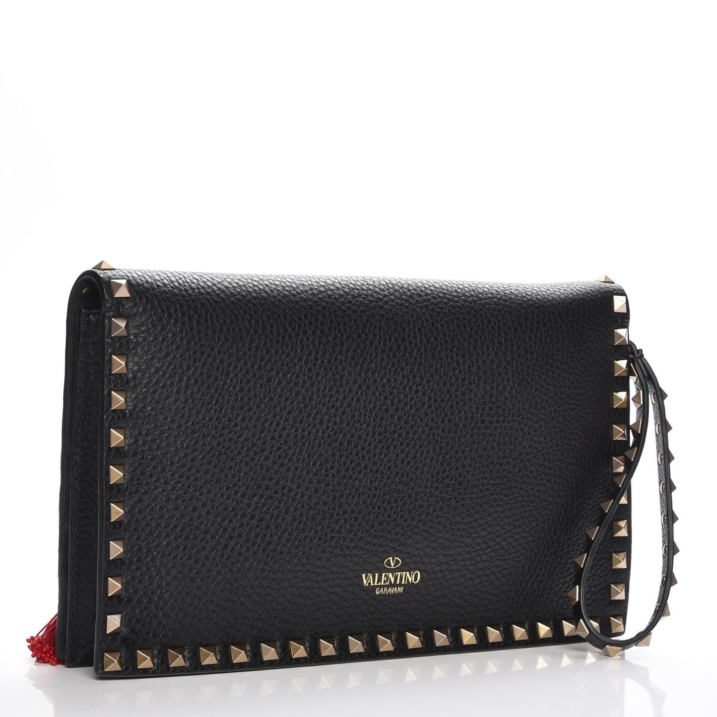 Pebbled Calfskin Beaded Ribbons Rockstud Wristlet Clutch Black