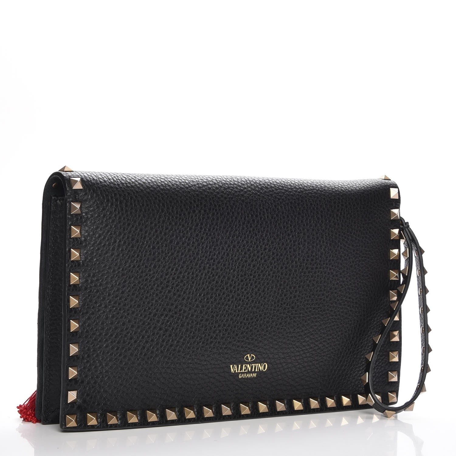 Valentino Garavani Pebbled Calfskin Beaded Ribbons Rockstud Wristlet Clutch Black 2 of 5