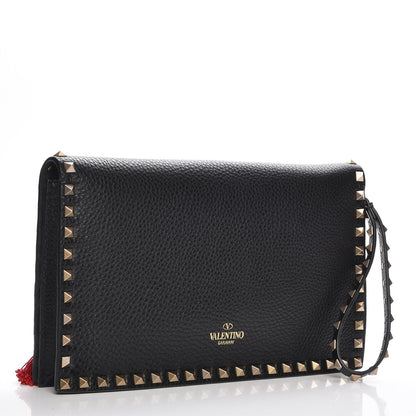Valentino Garavani Pebbled Calfskin Beaded Ribbons Rockstud Wristlet Clutch Black 2 of 5