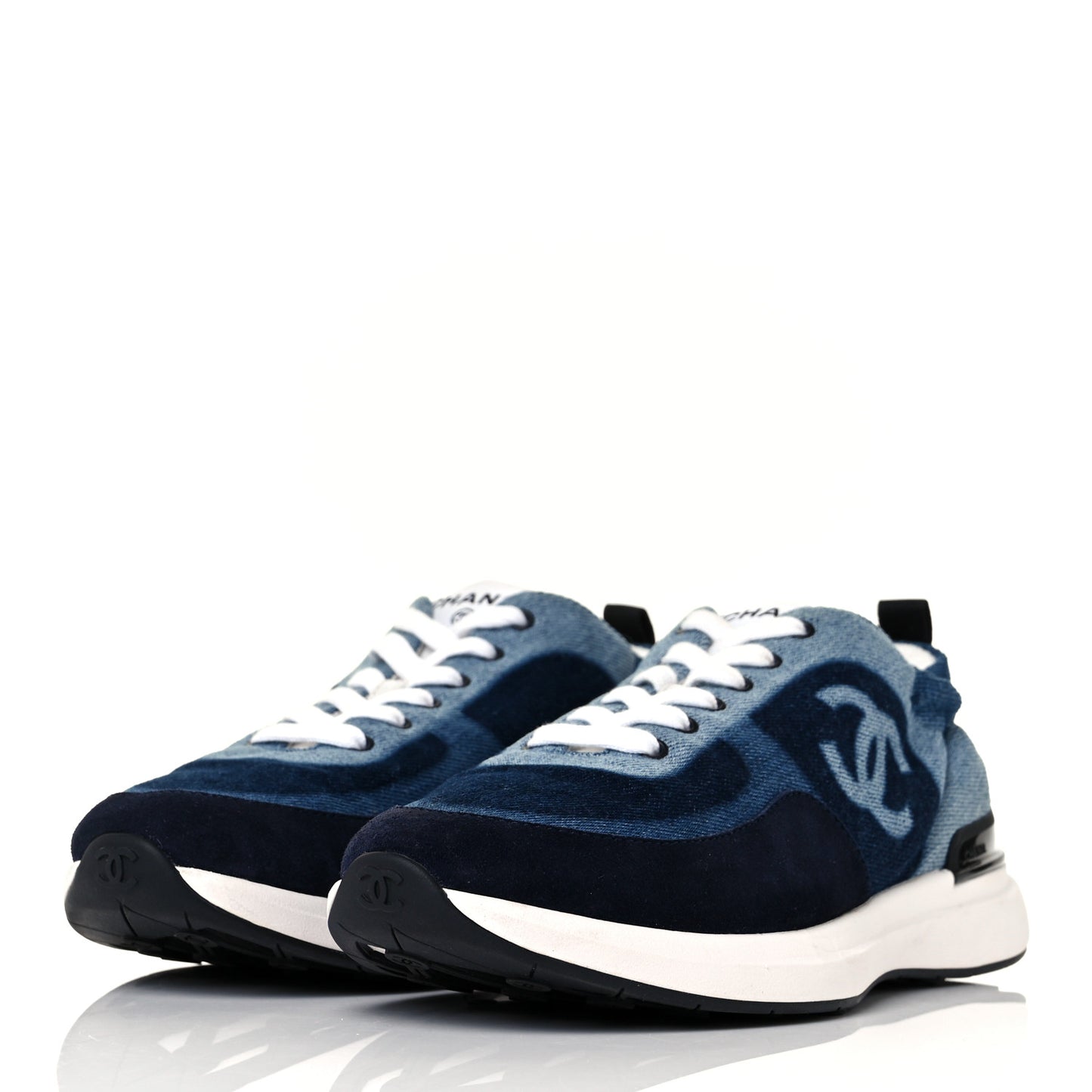 Denim Suede Calfskin Womens CC Sneakers 39 Dark Blue White Black
