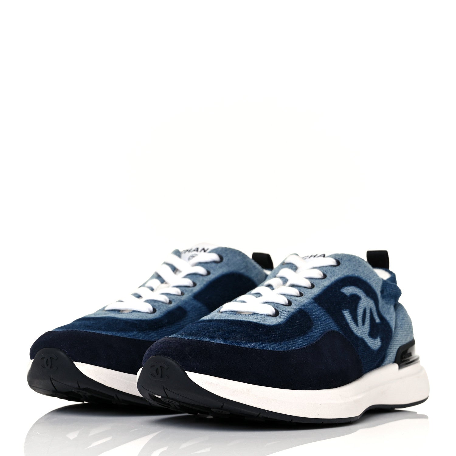 Chanel Denim Suede Calfskin Womens CC Sneakers 39 Dark Blue White Black 6 of 18