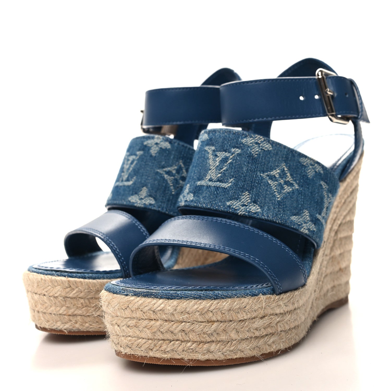 Louis Vuitton Monogram Denim Starboard Espadrille Wedge Sandal 37 Blue 3 of 8