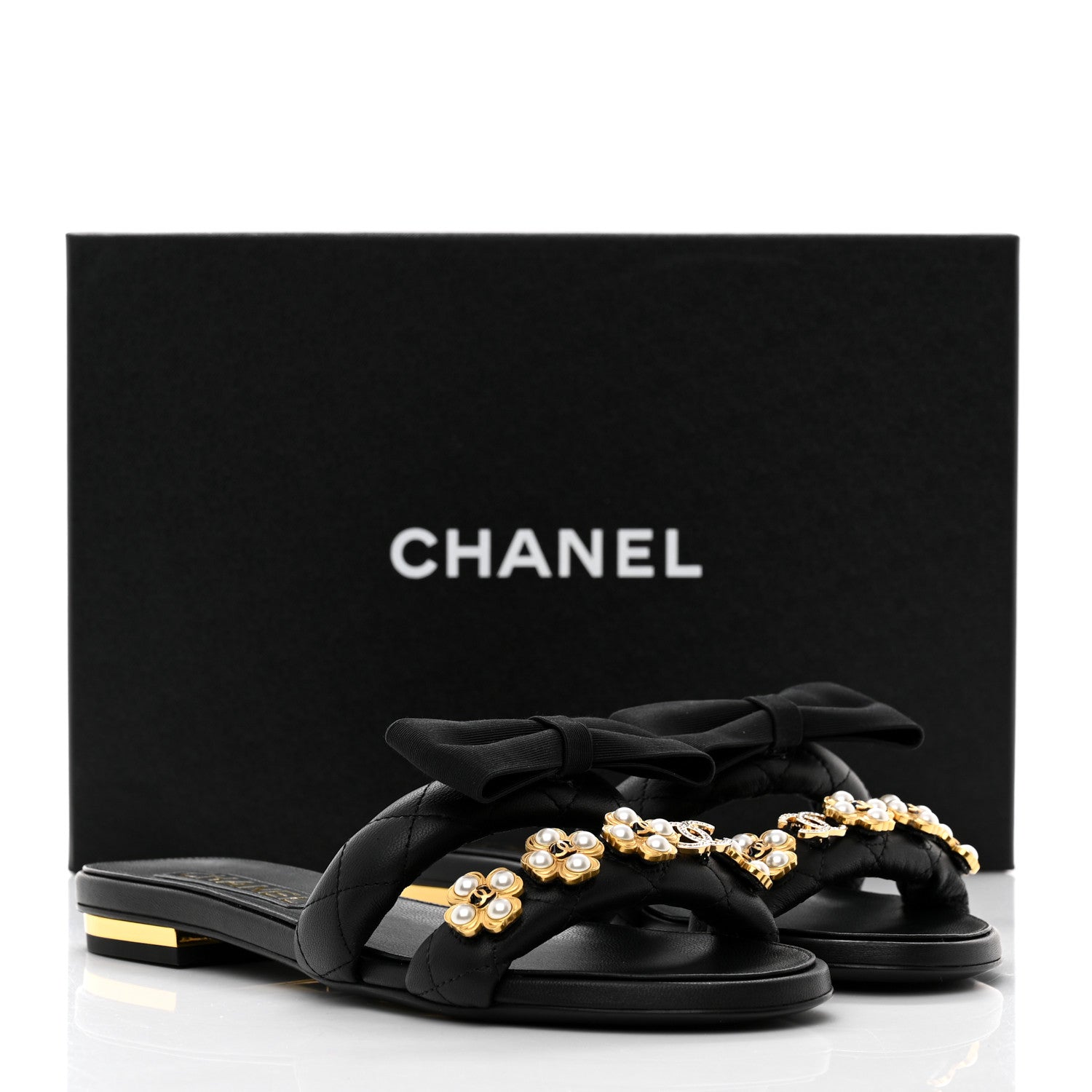 Chanel Lambskin Pearl Bow CC Mules 36.5 Black 9 of 9